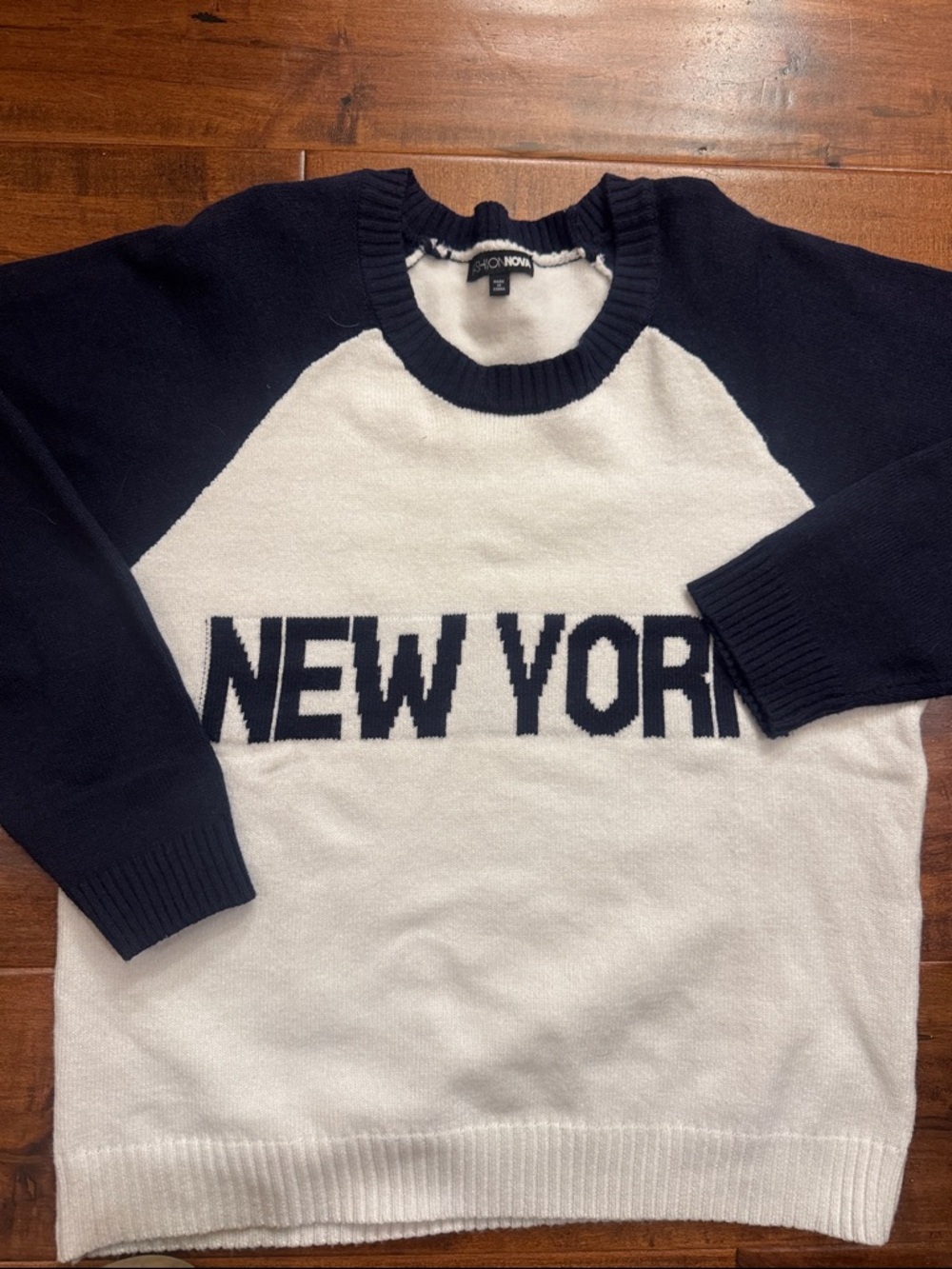 FashionNova Navy and Cream 'New York' Crewneck Sweater